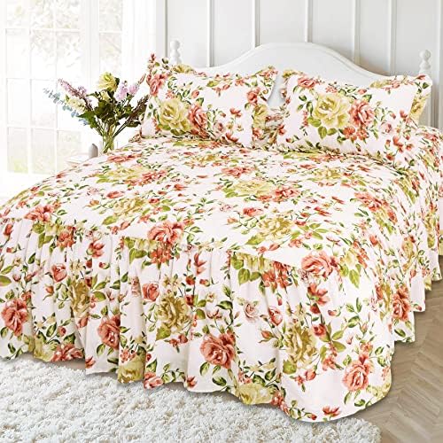  100% Cotton High 3-Pieces Ruffle Bed Skirt Queen Size Red Floral Quilted Bedspread Set With 2 Pillow Shams 20″Deep Dust Ruffle Drop 3-Side Dust Ruffle Drape Fitted Sheet For Bed Cover(White, Queen)