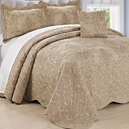  Home Soft Things Damask 4 Piece Bedspread Set,Scalloped Edge Reversible Quilt Coverlet Comforter Prewashed Bedding Set, Matelasse Embossed Floral Solid Pattern,Lavender Fog Oversize King(120" X 120")