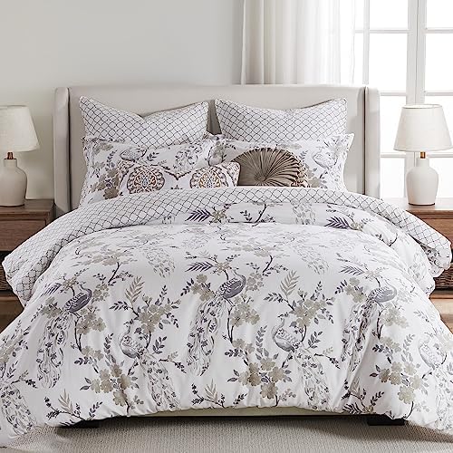  Levtex Home - Pisa Duvet Cover Set - Full/Queen Duvet Cover + Two Standard Pillow Cases - Floral Contemporary Peacock - Grey And Taupe - Duvet Cover (90 X 94in.) And Pillow Case (26 X 20in.) - Cotton