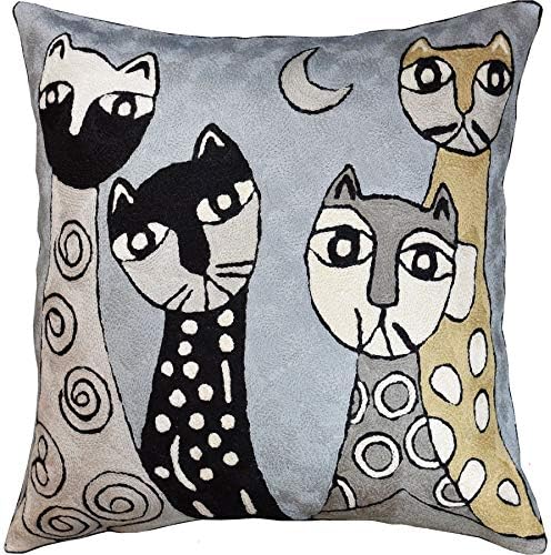  Kashmir Designs Cat Pillow Cover | Kitty Accent Pillow | Modern Cats Cushion | Colorful Cat Pillows | Cat Face On Pillow | Cat Lover Gift | Hand Embroidered Cushions | Wool Size - 18x18