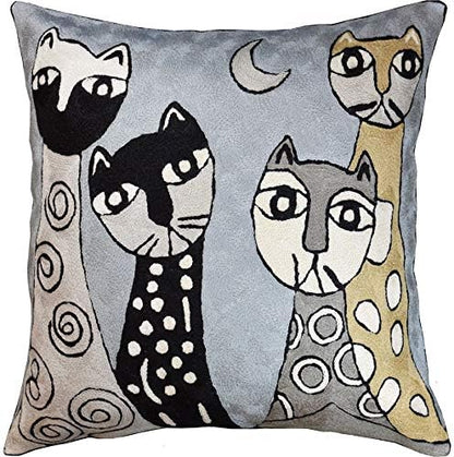  Kashmir Designs Cat Pillow Cover | Kitty Accent Pillow | Modern Cats Cushion | Colorful Cat Pillows | Cat Face On Pillow | Cat Lover Gift | Hand Embroidered Cushions | Wool Size - 18x18