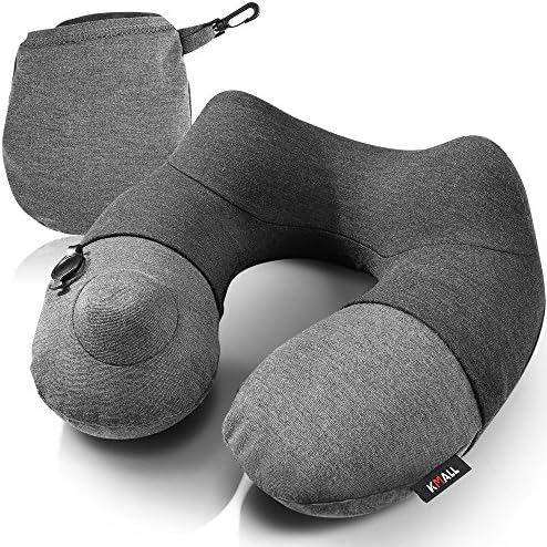  Kmall Inflatable Travel Neck Pillow For Airplane Travel Best Neck Support Sleep Travel Pillow With Super Comfort Pillow Case, Gray, 11.5x11.2x5.1 Inches