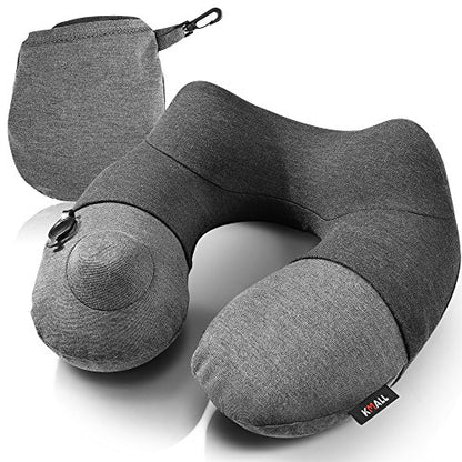  Kmall Inflatable Travel Neck Pillow For Airplane Travel Best Neck Support Sleep Travel Pillow With Super Comfort Pillow Case, Gray, 11.5x11.2x5.1 Inches