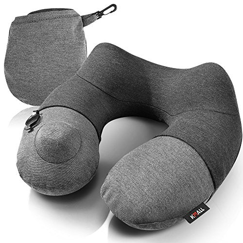  Kmall Inflatable Travel Neck Pillow For Airplane Travel Best Neck Support Sleep Travel Pillow With Super Comfort Pillow Case, Gray, 11.5x11.2x5.1 Inches