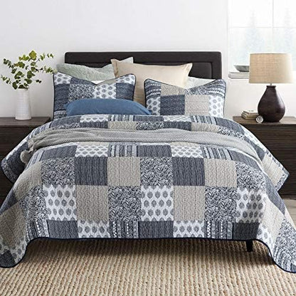  MaiuFun Cotton Bedspread Quilt Sets Queen/Full Size, Reversible Bohemian Floral Patchwork With Real Stitched Plaid Patterns, 3-Piece Bedding Coverlet For All Season (1 Quilt + 2 Pillow Shams)