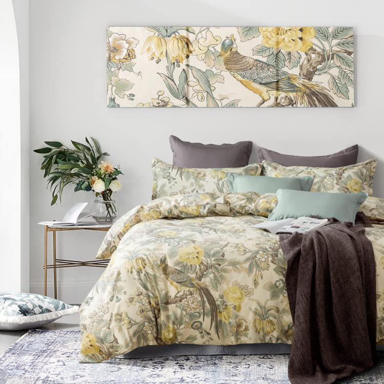  Eikei Chinoiserie Chic Peacock Floral Duvet Cover Paradise Garden Botanical Bird And Tree Branches Vintage Stylized Long Staple Cotton 2pc Bedding Set (Twin, Yellow)