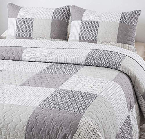  Cotton 3-Piece Quilt Set - Queen Size With 2 Shams: In The Mist Farmhouse Patchwork Bedding, Country Quilted Bedspread, Gray Bedding Lodge Comforter, Bedspreads & Coverlets
