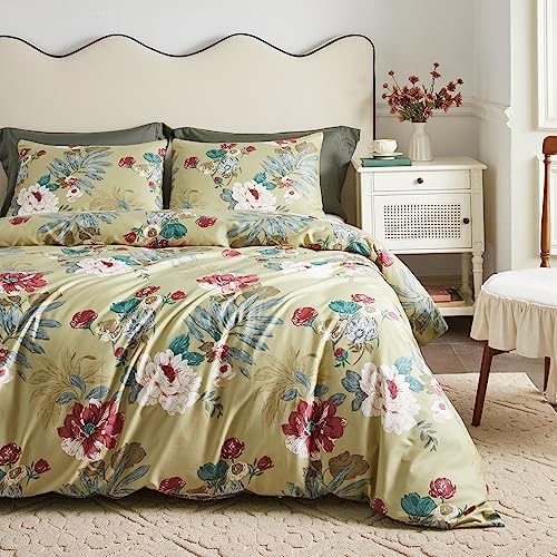  SUSYBAO Vintage Floral Duvet Cover King 100% Egyptian Cotton Garden Botanical Duvet Cover 3 Pieces Set 1 White Flower Duvet Cover With Zipper Ties 2 Pillowcases Luxury Ultra Soft Retro Plant Bedding