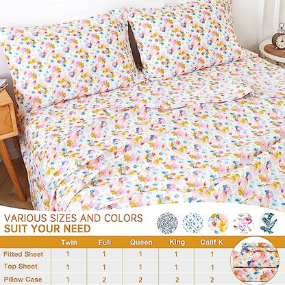  JUMEE 4PC Twin Sheet Set, Soft Microfiber Floral Bed Sheets, Printed Yellow Flower Bedding Set With 16" Deep Pocket, Breathable & Cool, Wrinkle and Fade Resistant, Yellow Floral