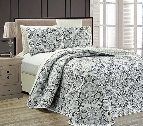  King/California King 3pc Reversible Oversized Bedspread Set Medallion Print Navy Blue White Teal Aqua Taupe New