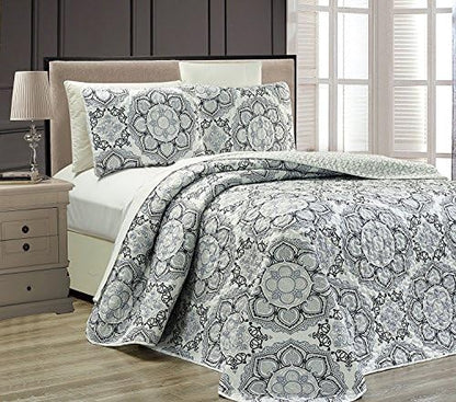  King/California King 3pc Reversible Oversized Bedspread Set Medallion Print Navy Blue White Teal Aqua Taupe New