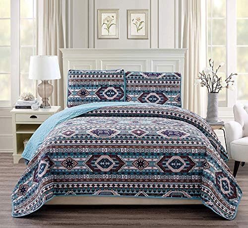  Tic Western Southwestern Native American Quilt Set In Beige Taupe Brown Turquoise And Navy Blue Colors - Bedspread Set San Antonio (Full/Queen)