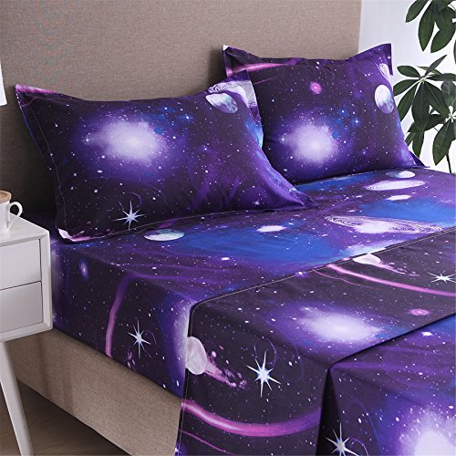  A Nice Night Galaxy 3D Printing Bed Sheet Bedding Set,Soft Microfiber Fitted Sheet Set,Galaxy Themed Sheets 4 Pcs Flat Sheet& Fitted Sheets With 2 Pillowcases (Full, 07)