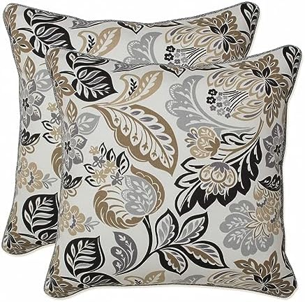  Pillow Perfect Floral Outdoor Throw Accent Pillow, Plush Fill, Weather, And Fade Resistant, Medium Square - 16.5" X 16.5", Black/Yellow Crosby, 2 Count