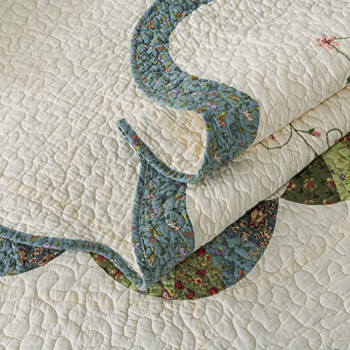 100% Cotton Luxury Decorative Bedspread With Multi Print Floral Patchwork Quilt, Soft & Oversized Coverlet, King 110x96”, Ivory & Brown