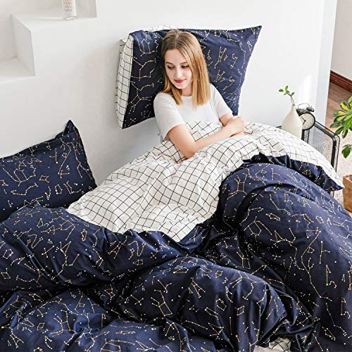  ECOCOTT Duvet Cover Queen, 100% Natural Cotton 1 Duvet Cover +2 Pillowcases Bedding Set,Navy And Cosmic Constellation Reversible Printed Pattern Soft Cozy Breathable And Durable Duvet Cover Set