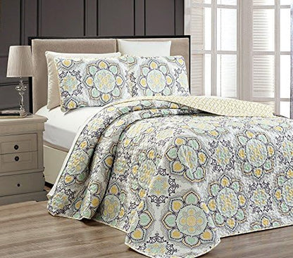  King/California King 3pc Reversible Oversized Bedspread Set Medallion Print Navy Blue White Teal Aqua Taupe New