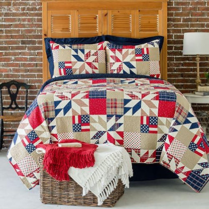  C&F Home Levi Red White & Blue Cotton 3 Piece King Quilt Set Patriotic American Flag Machine Washable Bedspread Coverlet King 3 Piece Set Red