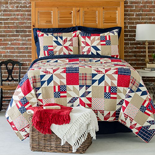  C&F Home Levi Red White & Blue Cotton 3 Piece King Quilt Set Patriotic American Flag Machine Washable Bedspread Coverlet King 3 Piece Set Red