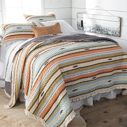  Southwest Ruffle Edged Blue, Orange, Green And Brown Stripe 3 Piece Quilt Set Size King