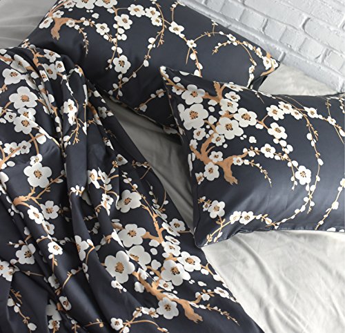  Eikei Japanese Oriental Style Cherry Red Blossom Floral Branches Print Duvet Quilt Cover 300tc Cotton Bedding 3 Piece Set (King, Charcoal)