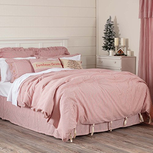  Farmhouse Ticking Stripe Red King Bed Skirt 78" X80", W/ 16" Drop, Tailored Dust Ruffle