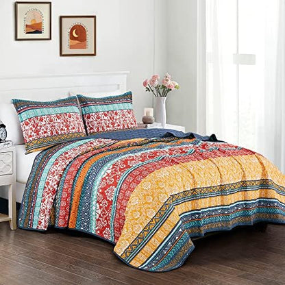  Chezmoi Collection Bodhi 3-Piece Floral Medallion Printed Bedspread Set - Colorful Boho Microfiber Quilt Set, Queen (100" X 95")