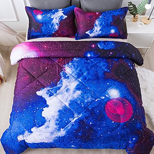 3D Galaxy Queen Comforter Set (90''x90''), 3 Pieces All Season Down Alternative Comforter Set (1 Galaxy Blue Comforter, 2 Pillowcases), Universal Outer Space Bedding Set, Microfiber Comforter