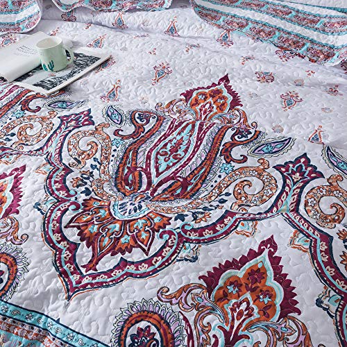  Hemian Reversible Cozy Paisley Floral Bedspread Set - Bright Buta Folky Vibrant Colorful Coverlet - Turquoise Blue Red Orange With White Background - Cal King - 3-Pieces