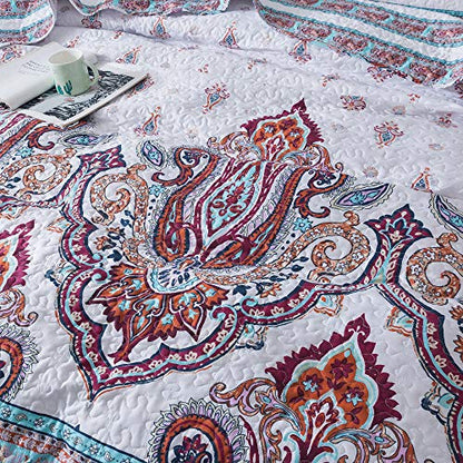  Hemian Reversible Cozy Paisley Floral Bedspread Set - Bright Buta Folky Vibrant Colorful Coverlet - Turquoise Blue Red Orange With White Background - Cal King - 3-Pieces