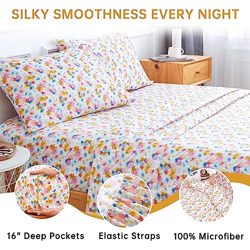  JUMEE 4PC Twin Sheet Set, Soft Microfiber Floral Bed Sheets, Printed Yellow Flower Bedding Set With 16" Deep Pocket, Breathable & Cool, Wrinkle and Fade Resistant, Yellow Floral
