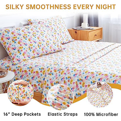  JUMEE 4PC Twin Sheet Set, Soft Microfiber Floral Bed Sheets, Printed Yellow Flower Bedding Set With 16" Deep Pocket, Breathable & Cool, Wrinkle and Fade Resistant, Yellow Floral