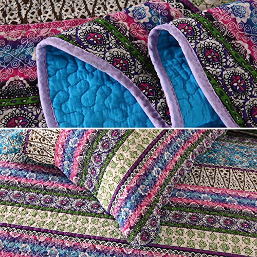 MaiuFun Cotton Bedspread Quilt Sets Queen/Full Size, Retro Blue/Purple Classical Striped Bohemian Floral Patchwork Patterns, 3-Piece Bedding Coverlet For All Season (1 Quilt + 2 Pillow Shams)