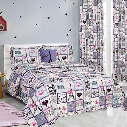  4-Piece Paris King Quilt Coverlet Bedding Set With Shams And Decorative 16x16 Throw Pillow Eiffel Tower Patchwork Hearts, Purple Pink