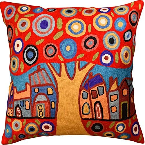  Kashmir Designs Turquoise Tree Of Life Throw Pillow Cover | Karla Gerard Bird Pillows | Blue Flower Pillows | Plant Floral Chair Cushion | Flower Couch Pillow | Hand Embroidered Wool Size - 18x18