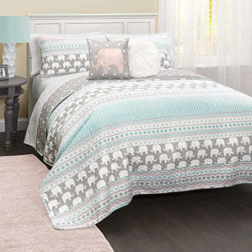  Lush Decor Pink-and-Turquoise Elephant Striped 4-Piece, Twin, Pink & Turquoise