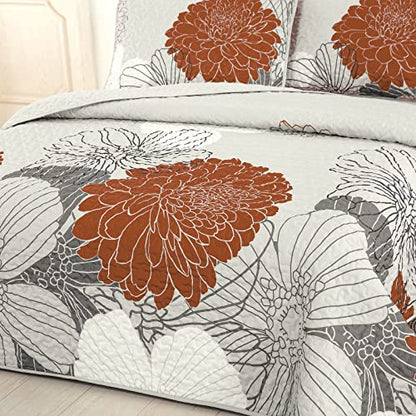  Floral Pattern Quilt Set Queen Burnt Orange Bedspread 3 Pieces Coverlet Soft Lightweight Bed Cover With 2 Pillow Shams For All Season 90"x96"
