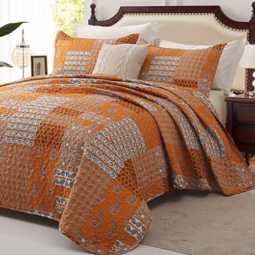  Floral Pattern Quilt Set Queen Burnt Orange Bedspread 3 Pieces Coverlet Soft Lightweight Bed Cover With 2 Pillow Shams For All Season 90"x96"