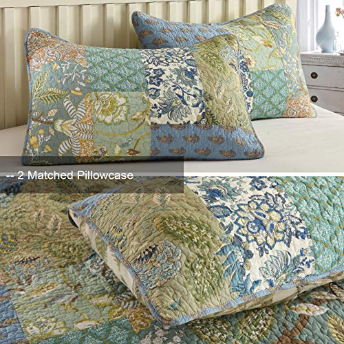 MaiuFun Cotton Bedspread Quilt Sets Queen/Full Size, Reversible Bohemian Floral Patchwork With Real Stitched Plaid Patterns, 3-Piece Bedding Coverlet For All Season (1 Quilt + 2 Pillow Shams)