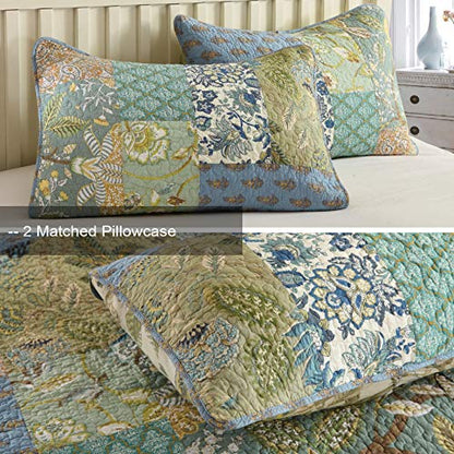  MaiuFun Cotton Bedspread Quilt Sets Queen/Full Size, Reversible Bohemian Floral Patchwork With Real Stitched Plaid Patterns, 3-Piece Bedding Coverlet For All Season (1 Quilt + 2 Pillow Shams)