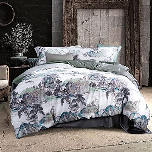  Duvet Cover King Size 100% Egyptian Cotton Gradient Teal Blue Leaves Plant Pattern Printed Comforter Cover Set Ultra Soft & Breathable Unique Design Farmhouse Bedding Set 3pcs (No Comforter)