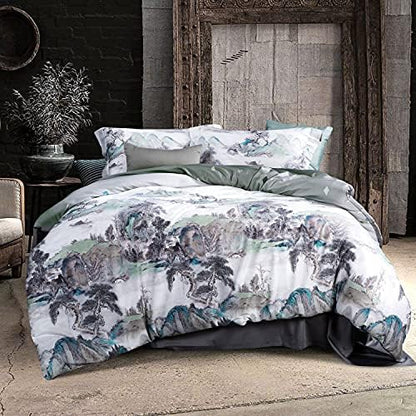  Duvet Cover King Size 100% Egyptian Cotton Gradient Teal Blue Leaves Plant Pattern Printed Comforter Cover Set Ultra Soft & Breathable Unique Design Farmhouse Bedding Set 3pcs (No Comforter)