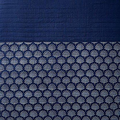  Luxury All Season Ultra Soft Enzyme Washed Reversible 1-Piece Quilt Coastal Pattern Crinkle Coverlet Bedspread, Full/Queen, Navy Blue Palm Leaves