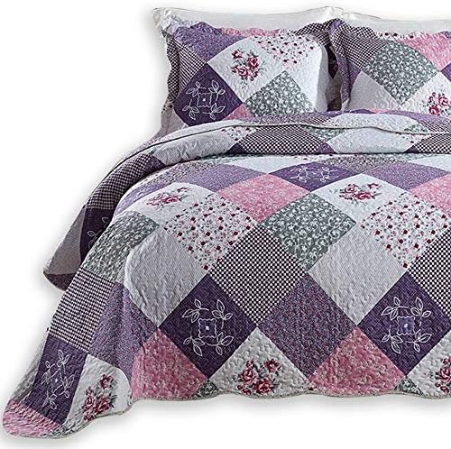  ENJOHOS Quilts Queen Size Queen Quilt Set Grey Quilt Bedspread Reversible Patchwork Floral Coverlet Set, Lightweight Country Quilts Bedding Set With 2 Pillow Shams（Grey Flower Plaid2）