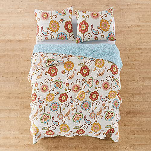  Ashbury Spring Full/Queen Cotton Quilt Set Ivory, Coral, Beige, Teal, Multi