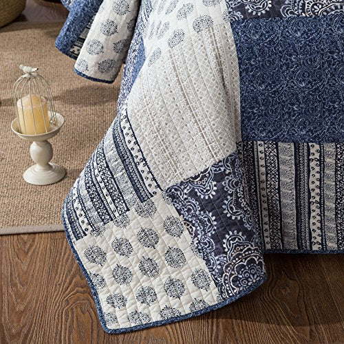  DaDa Bedding Denim Blue Elegance Patchwork Floral Bedspread Set - 100% Cotton Boho Chic Lightweight Quilted Coverlet - Striped Paisley Medallion Squares Multi Colorful Ivory Navy - King - 3-Pieces