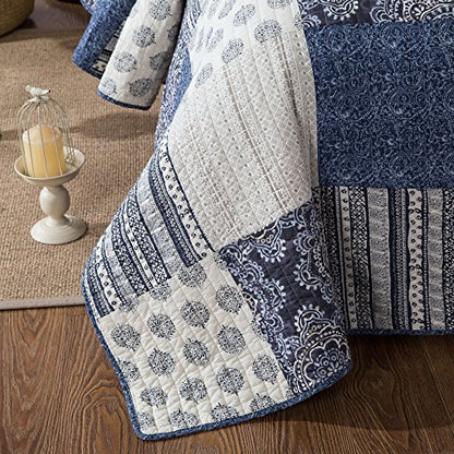  DaDa Bedding Denim Blue Elegance Patchwork Floral Bedspread Set - 100% Cotton Boho Chic Lightweight Quilted Coverlet - Striped Paisley Medallion Squares Multi Colorful Ivory Navy - King - 3-Pieces