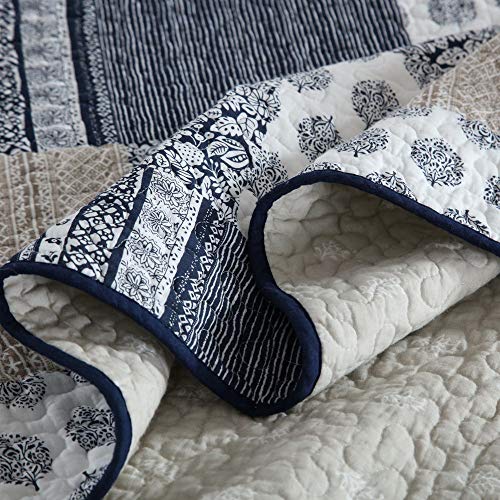  VIVILINEN Quilted Bedspread Coverlet Set 3 Pieces Navy Patchwork Stitched Pattern Reversible Quilt Sets With 2 Pillow Shams Full/Queen Size 90’’x98
