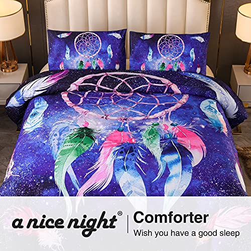  A Nice Night Galaxy Dreamcatcher Feathers,Like Dancing In The Air Printed, Boho Chic Bohemian Design, Dream Catcher Quilt Comforter Set (Blue, Queen(88-by-88-inches))