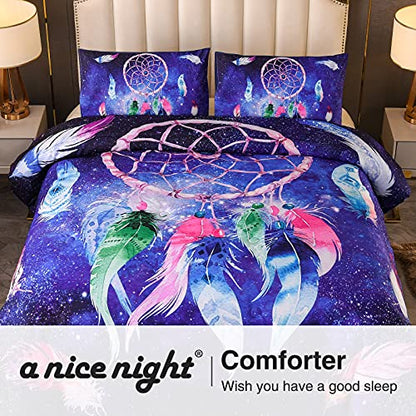  A Nice Night Galaxy Dreamcatcher Feathers,Like Dancing In The Air Printed, Boho Chic Bohemian Design, Dream Catcher Quilt Comforter Set (Blue, Queen(88-by-88-inches))